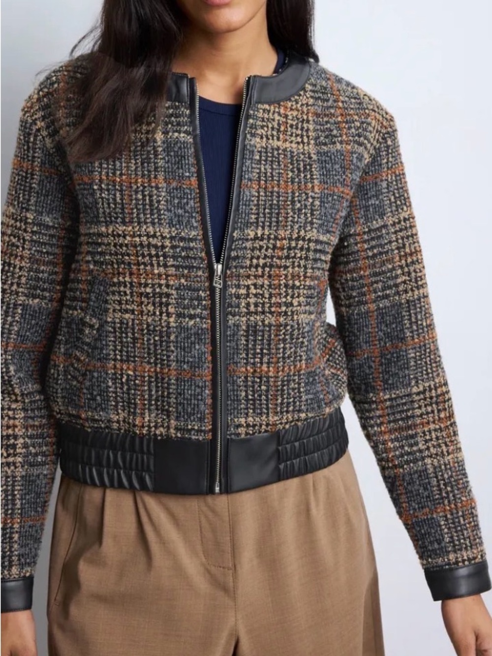 NWT Central Park West Daphne Tweed Plaid Faux Leather Trim Bomber Jacket [TE]